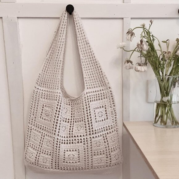 Women's Beige 2 Crochet Bag Cute Mesh Summer Knitted Shoulder Beach Tote Bags - Picture 7 of 7